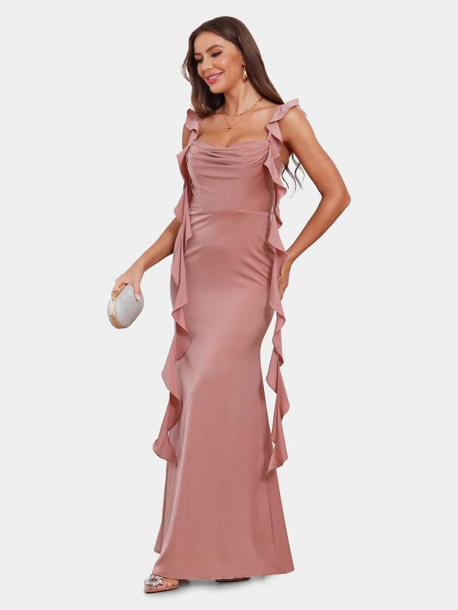 Sheath/Column Scoop Sleeveless Bridesmaid Dresses with Watteau Train - Image 6