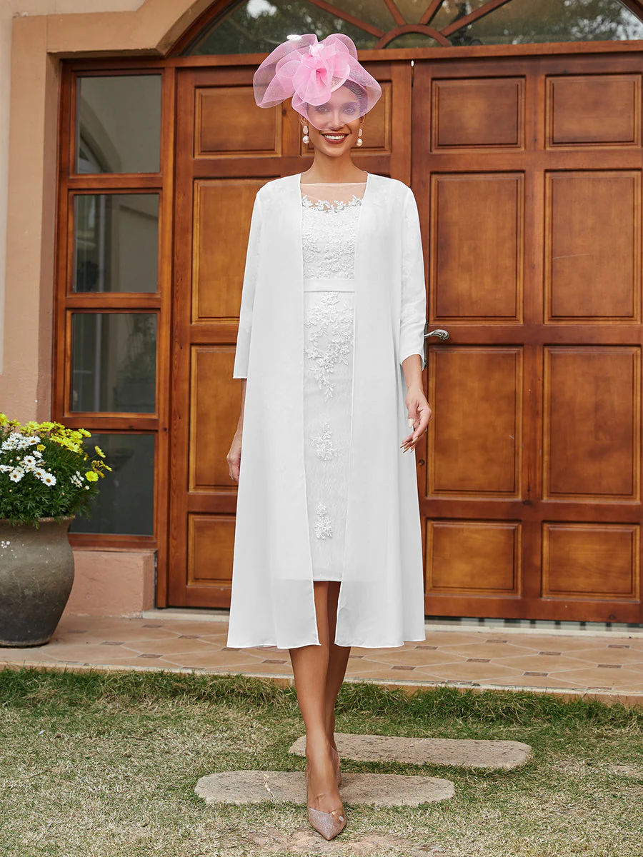 Sheath/Column Sheer Neck 3/4 Sleeves Knee-Length Evening Dresses with Appliques & Jacket - Image 20