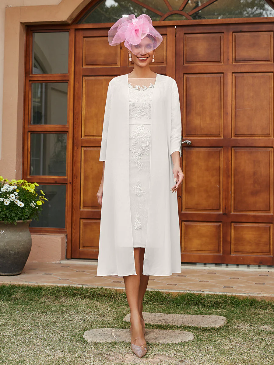 Sheath/Column Sheer Neck 3/4 Sleeves Knee-Length Evening Dresses with Appliques & Jacket - Image 21