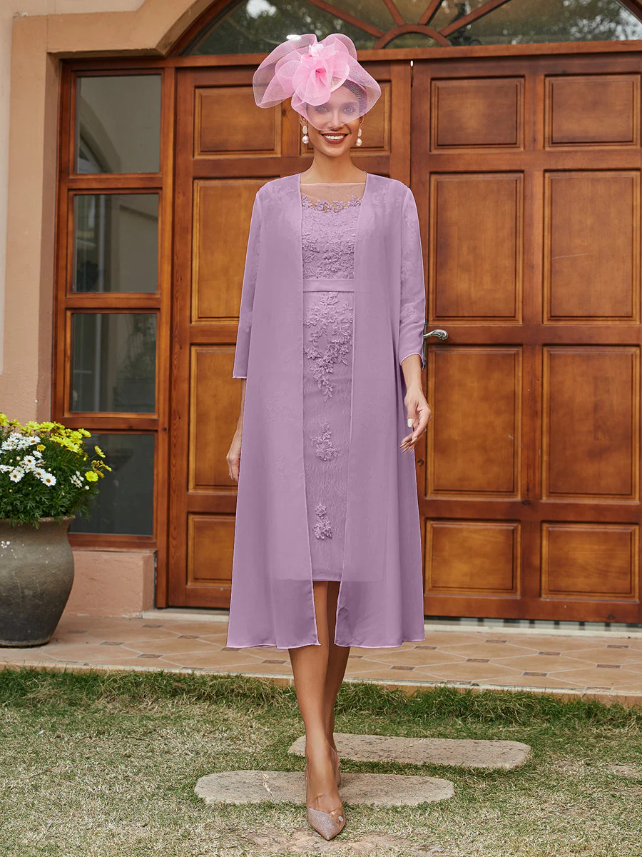 Sheath/Column Sheer Neck 3/4 Sleeves Knee-Length Evening Dresses with Appliques & Jacket - Image 40