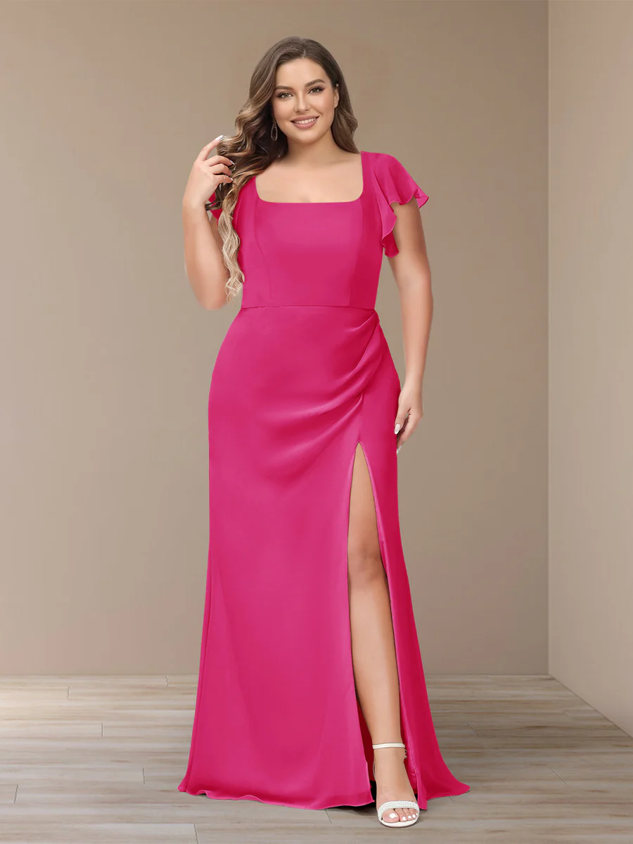 Sheath/Column Short Sleeves Chiffon Plus Size Bridesmaid Dresses with Split Side - Image 28