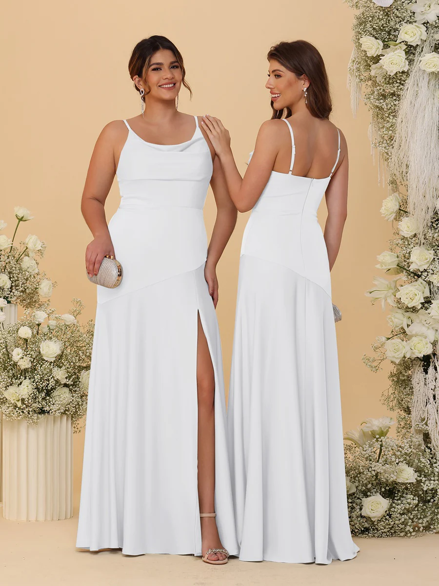 Sheath/Column Spaghetti Straps Cowl Neck Sleeveless Bridesmaid Dresses With Split Side - Image 21