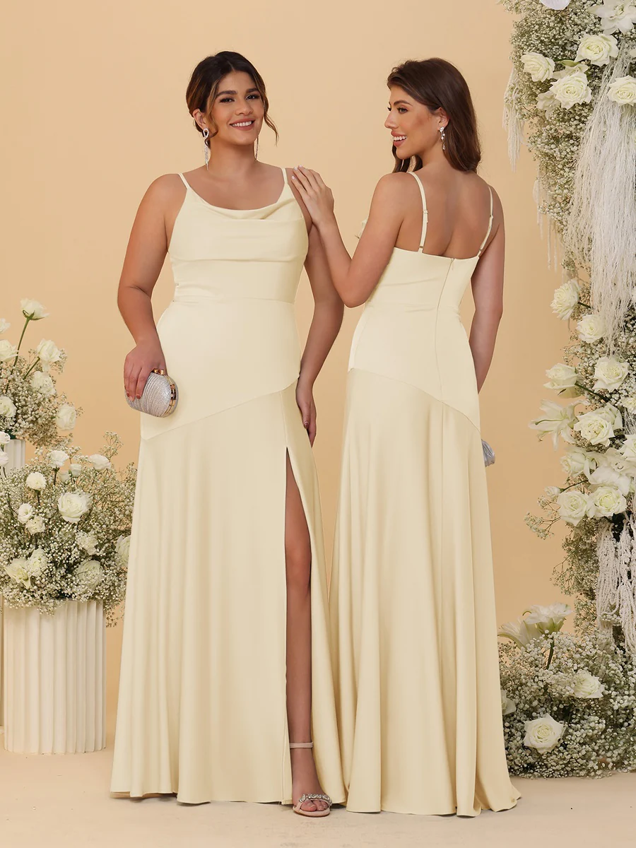 Sheath/Column Spaghetti Straps Cowl Neck Sleeveless Bridesmaid Dresses With Split Side - Image 30