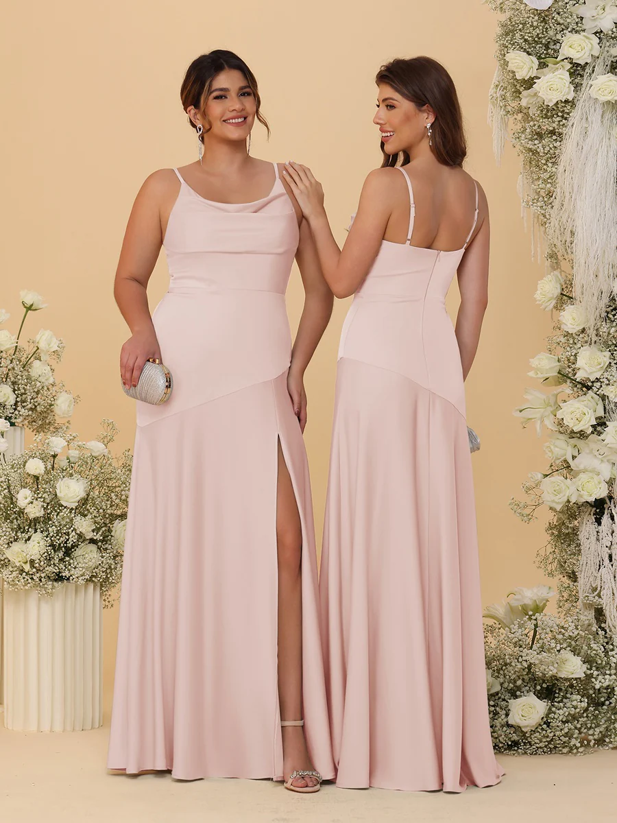 Sheath/Column Spaghetti Straps Cowl Neck Sleeveless Bridesmaid Dresses With Split Side - Image 50
