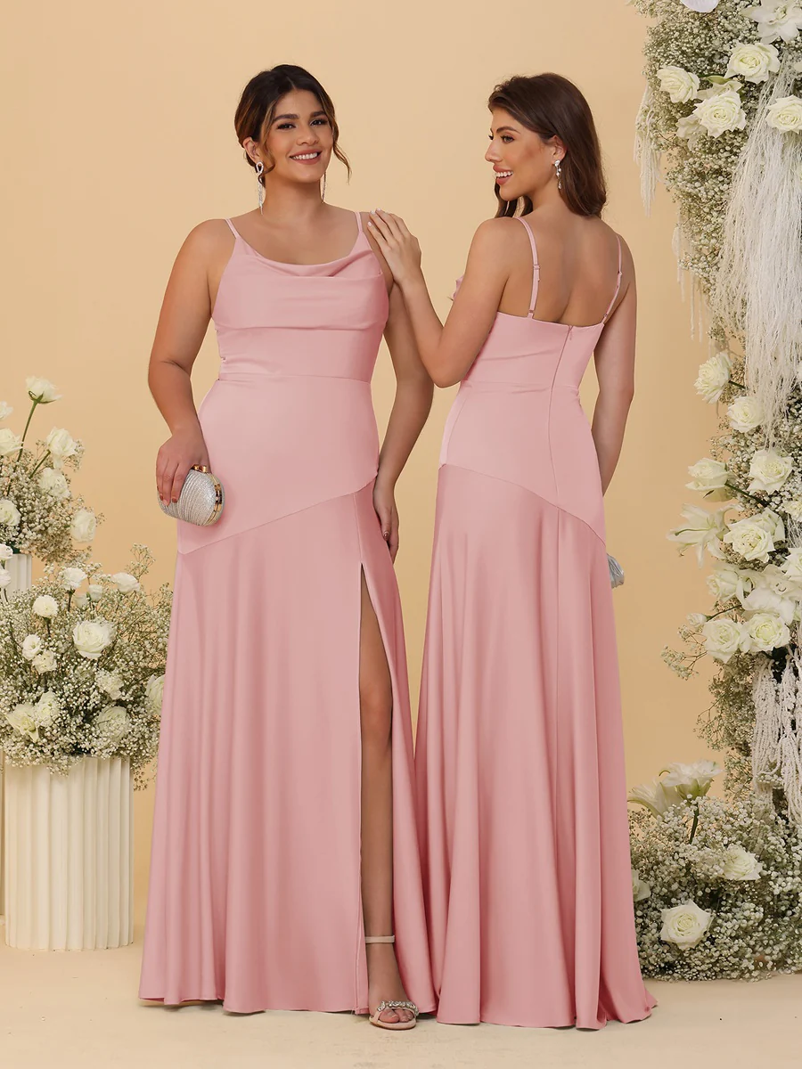 Sheath/Column Spaghetti Straps Cowl Neck Sleeveless Bridesmaid Dresses With Split Side - Image 56