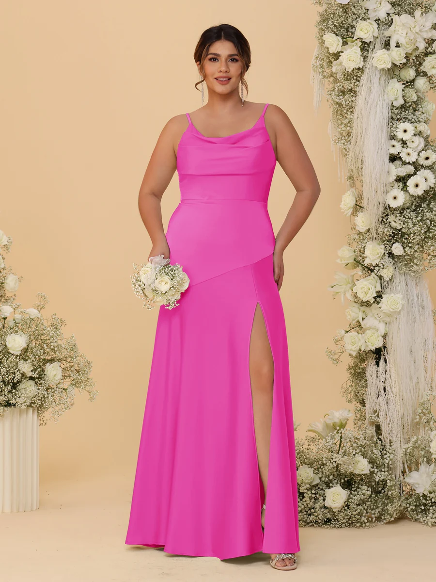 Sheath/Column Spaghetti Straps Cowl Neck Sleeveless Plus Size Bridesmaid Dresses With Split Side - Image 20