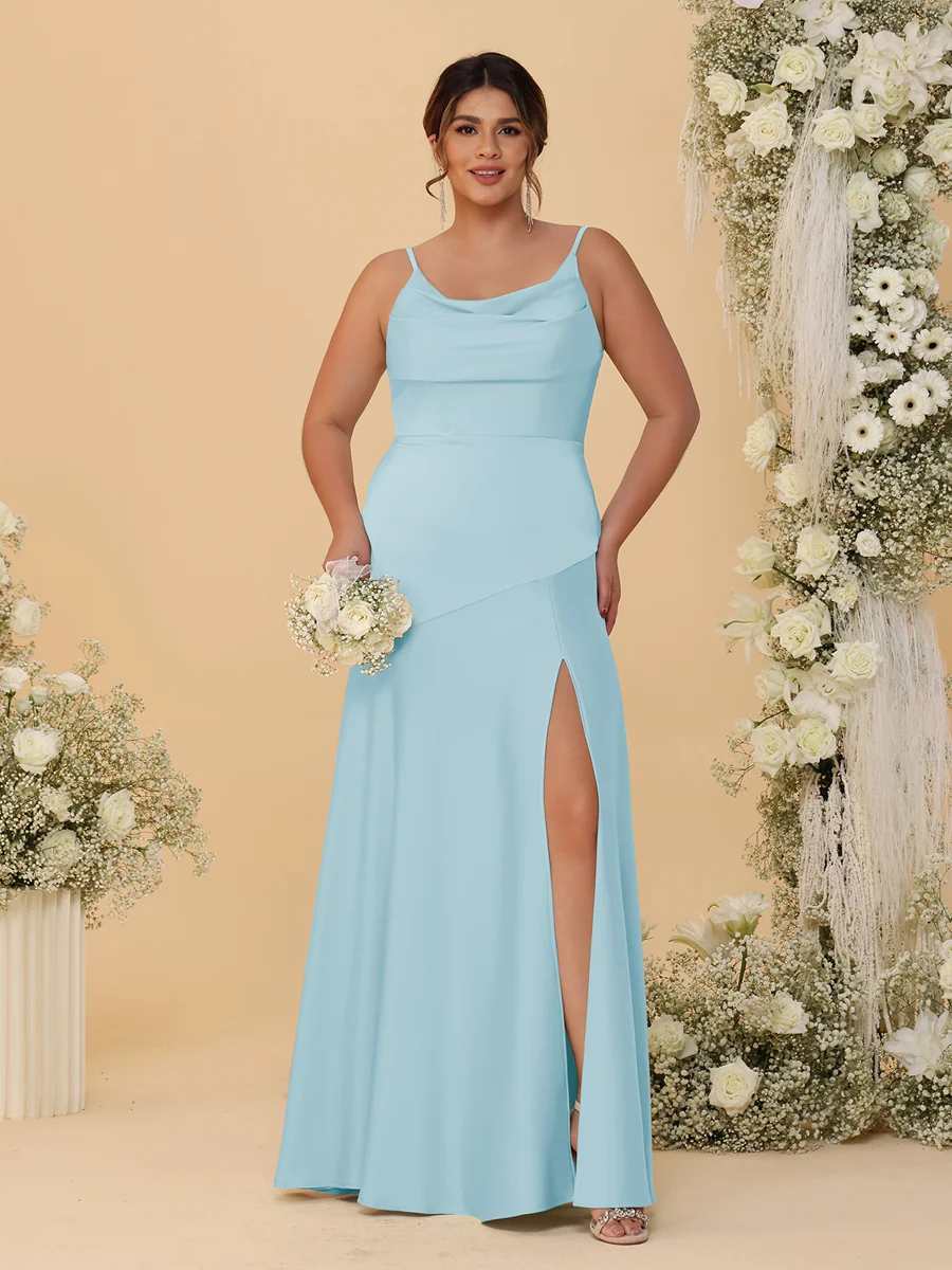 Sheath/Column Spaghetti Straps Cowl Neck Sleeveless Plus Size Bridesmaid Dresses With Split Side - Image 29