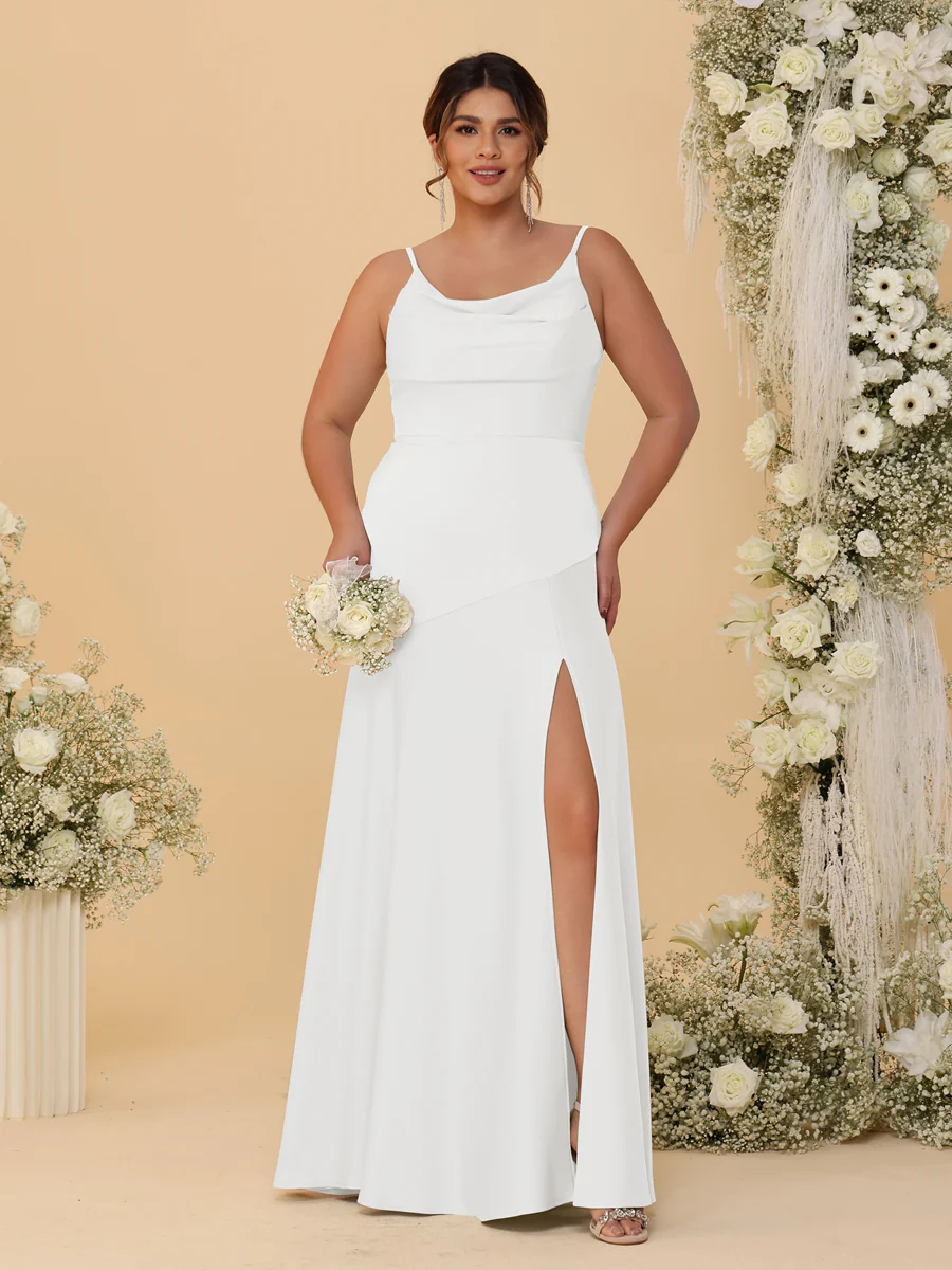 Sheath/Column Spaghetti Straps Cowl Neck Sleeveless Plus Size Bridesmaid Dresses With Split Side - Image 41