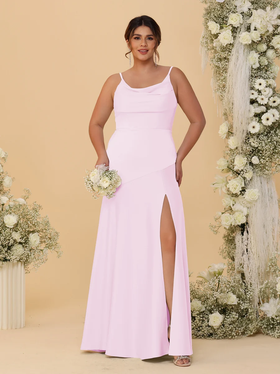 Sheath/Column Spaghetti Straps Cowl Neck Sleeveless Plus Size Bridesmaid Dresses With Split Side - Image 48
