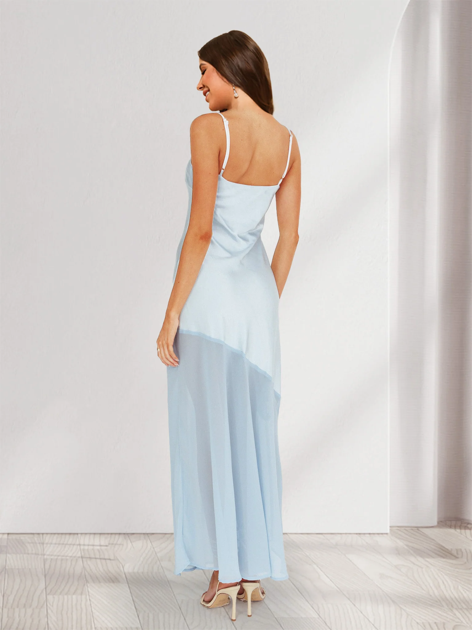 Sheath/Column Spaghetti Straps Fitted Maxi Dresses Long Bridesmaid Dresses with Chiffon Hem - Image 2