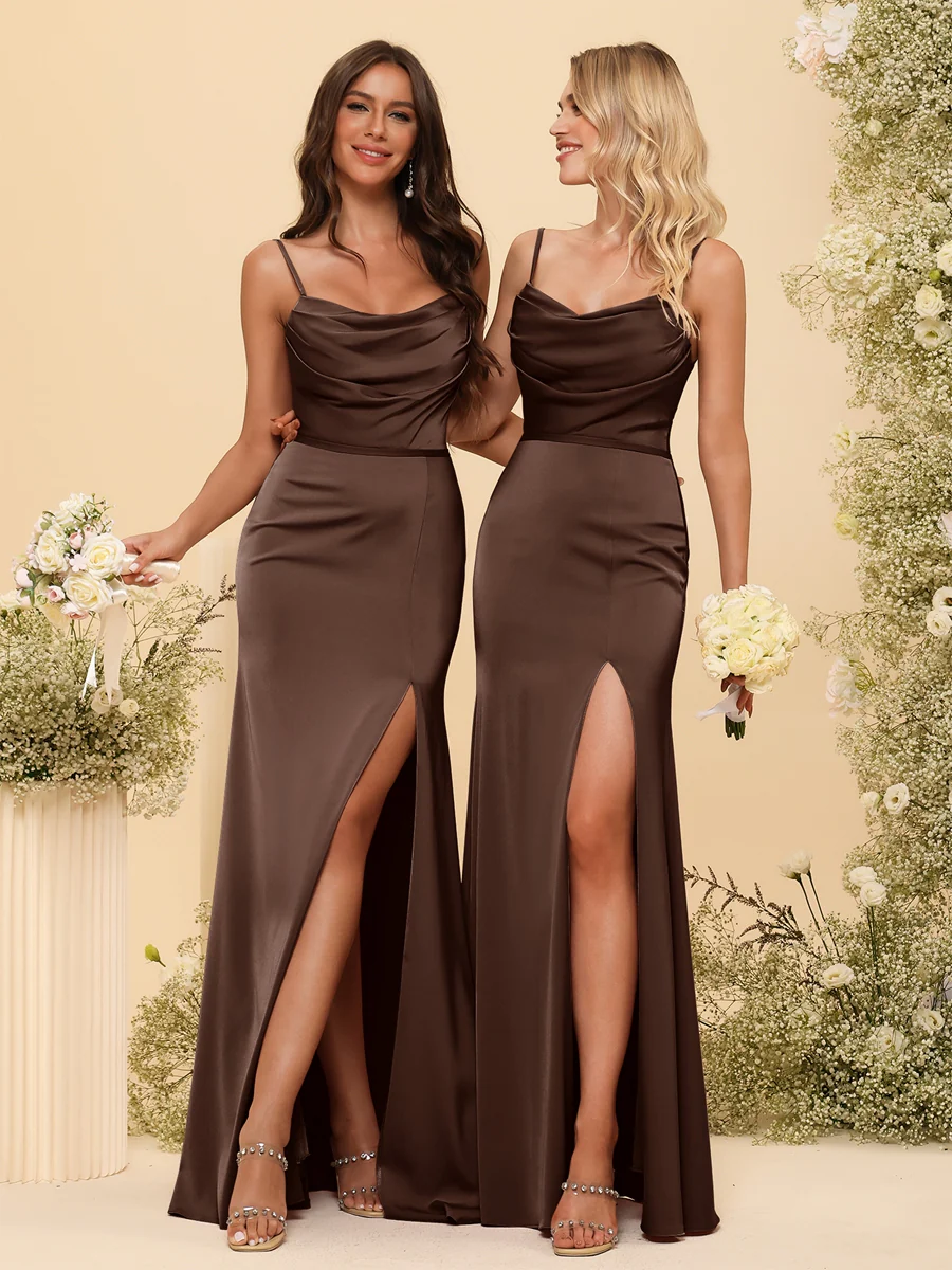 Sheath/Column Spaghetti Straps Long Formal Dresses with Split Side & Ruched - Image 68