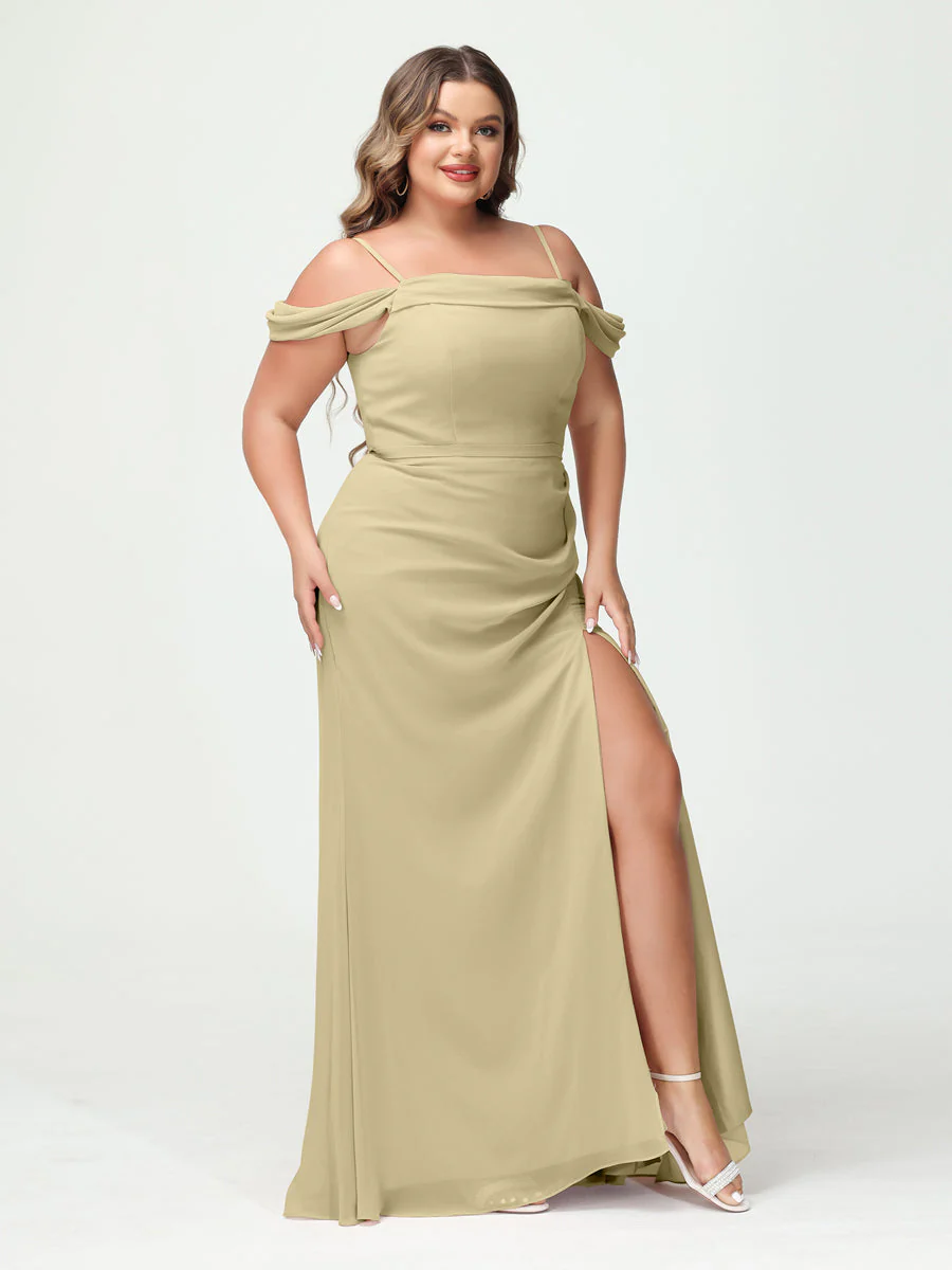 Sheath/Column Spaghetti Straps Off-the-Shoulder Chiffon Split Side Plus Size Bridesmaid Dresses - Image 24