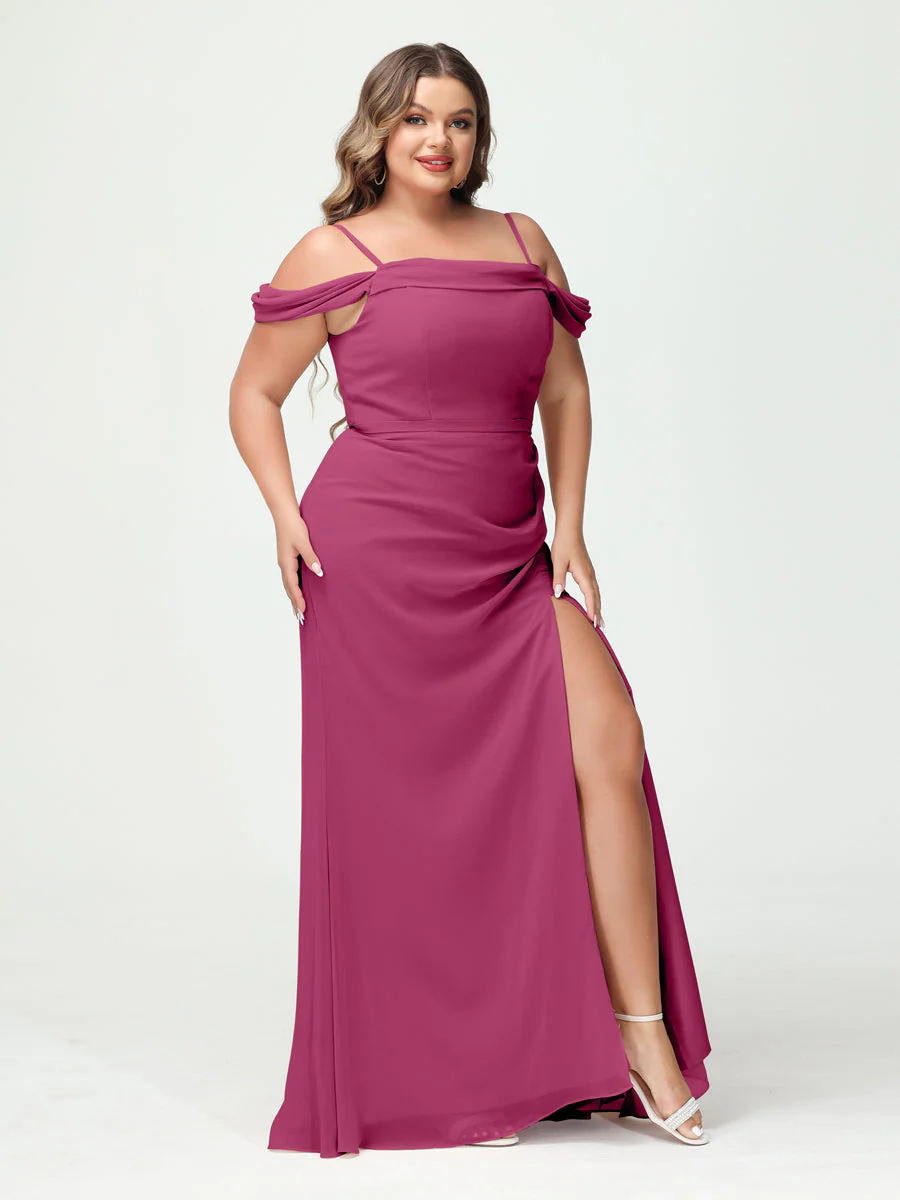 Sheath/Column Spaghetti Straps Off-the-Shoulder Chiffon Split Side Plus Size Bridesmaid Dresses - Image 34