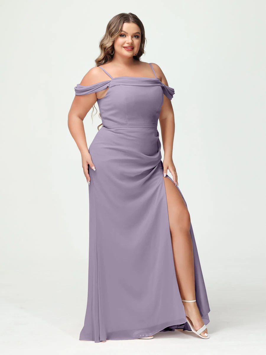Sheath/Column Spaghetti Straps Off-the-Shoulder Chiffon Split Side Plus Size Bridesmaid Dresses - Image 38