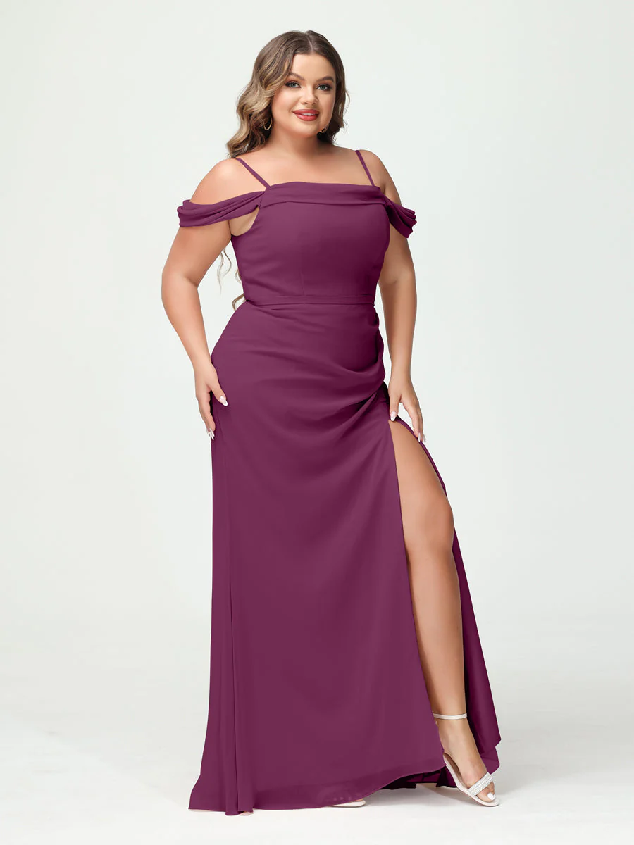 Sheath/Column Spaghetti Straps Off-the-Shoulder Chiffon Split Side Plus Size Bridesmaid Dresses - Image 43