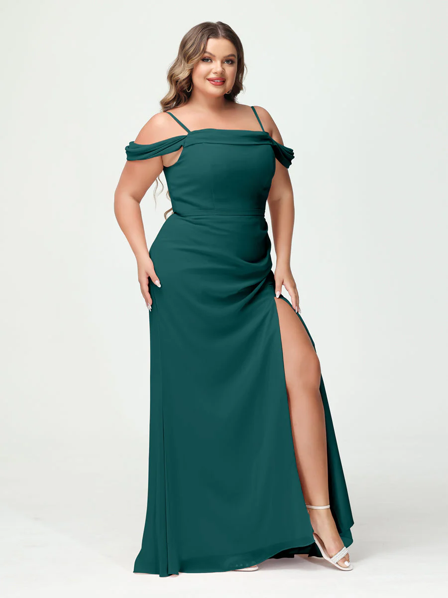 Sheath/Column Spaghetti Straps Off-the-Shoulder Chiffon Split Side Plus Size Bridesmaid Dresses - Image 65