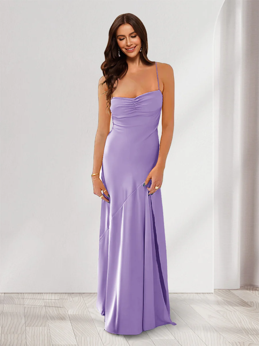 Sheath/Column Spaghetti Straps Pleated Long Bridesmaid Dresses with Split Side - Image 49
