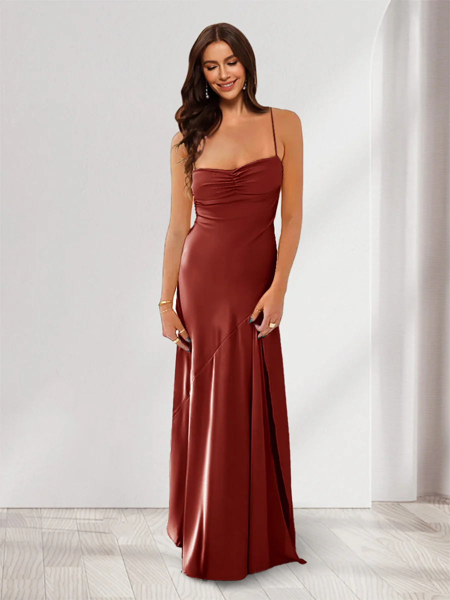 Sheath/Column Spaghetti Straps Pleated Long Bridesmaid Dresses with Split Side - Image 60