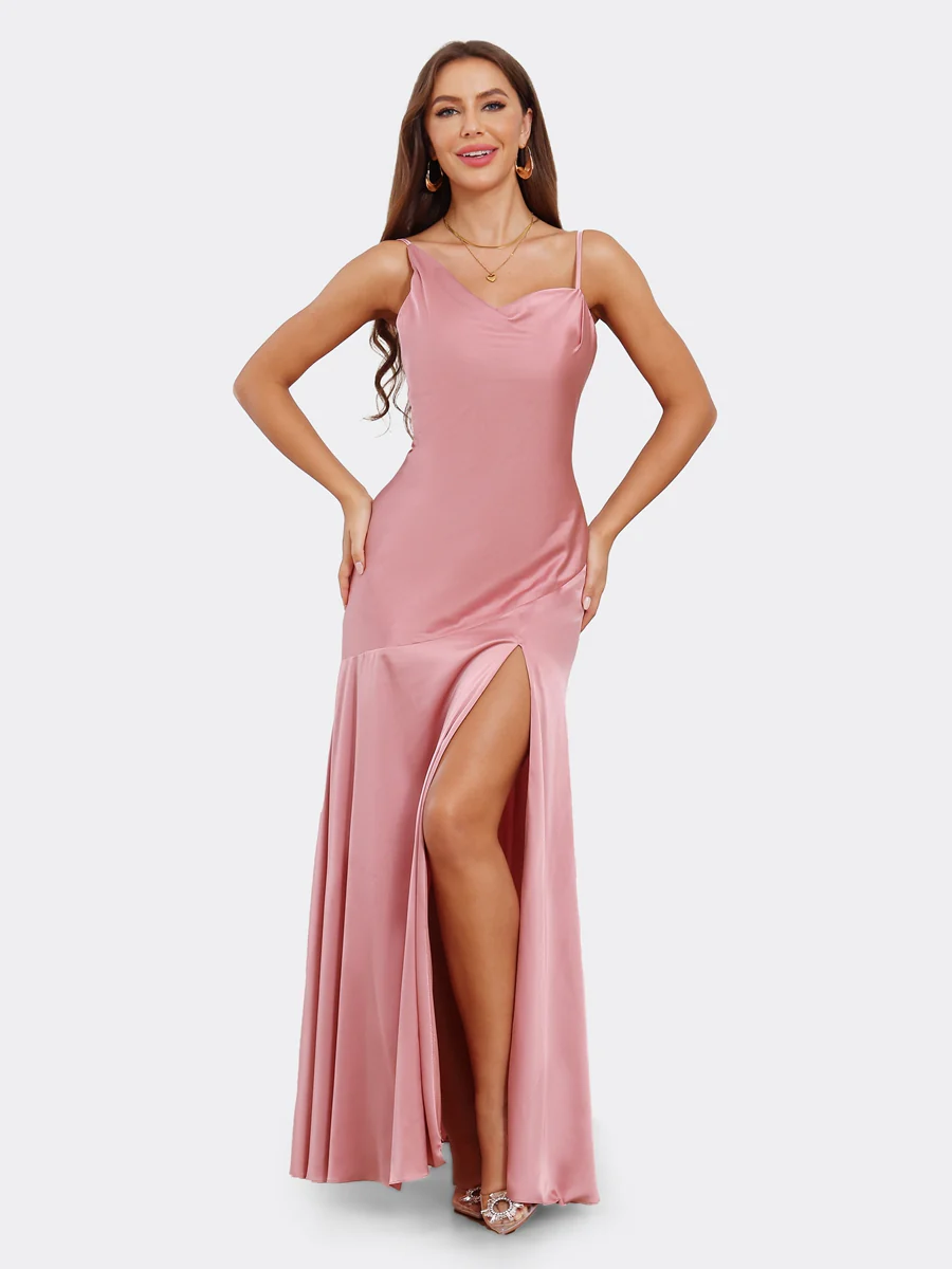 Sheath/Column Spaghetti Straps Sleeveless Bridesmaid Dresses with Split Side