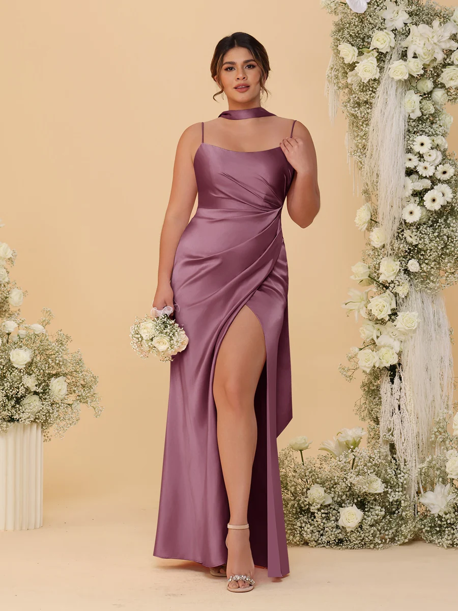 Sheath/Column Spaghetti Straps Sleeveless Floor-Length Ruched Bridesmaid Dresses With Neck Scarf & Split Side - Image 36