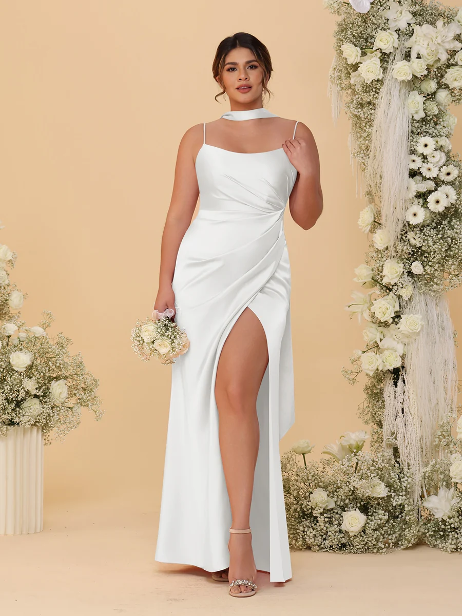 Sheath/Column Spaghetti Straps Sleeveless Floor-Length Ruched Bridesmaid Dresses With Neck Scarf & Split Side - Image 40