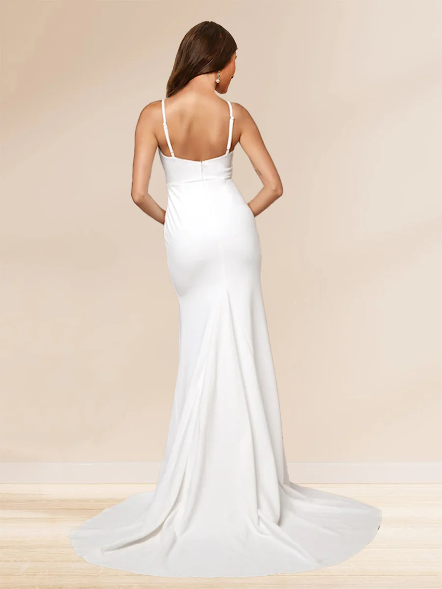 Sheath/Column Spaghetti Straps Sweep Train Prom Dresses With Lace - Image 2