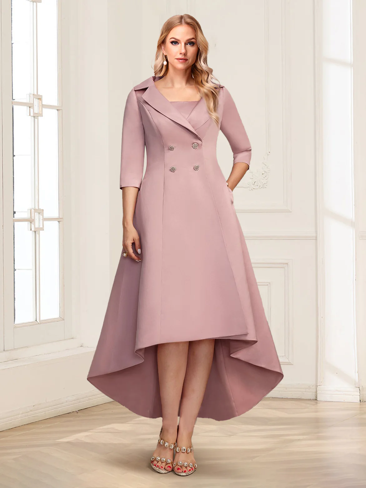 Sheath/Column Square Neck Knee-Length Satin Mother Of The Bride Dresses With Jacket