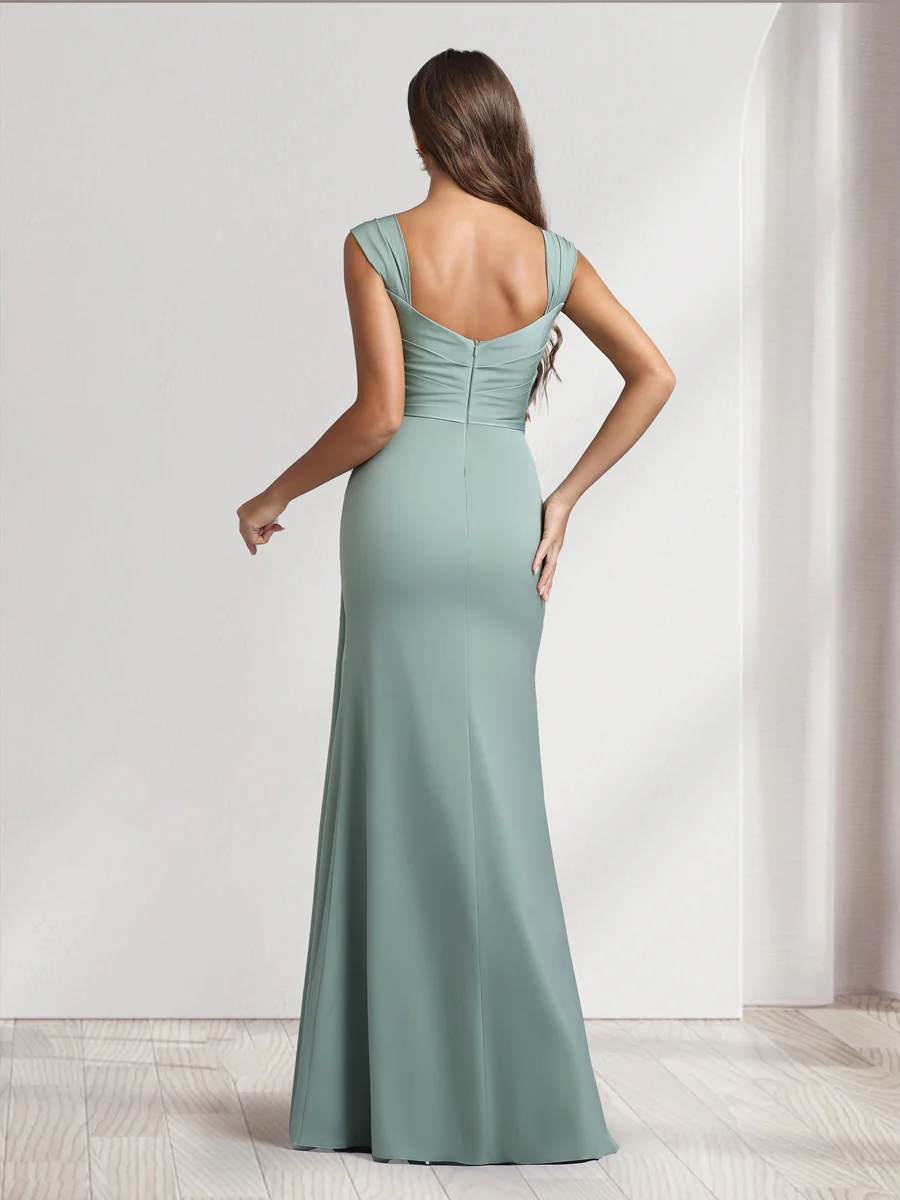 Sheath/Column Square Neck Long Ruched Bridesmaid Dresses with Split Side - Image 2