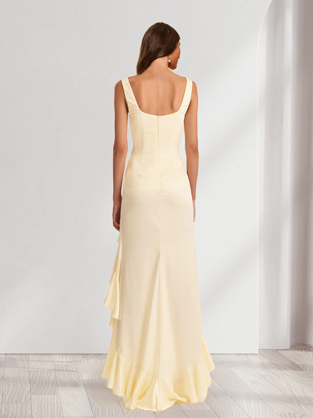 Sheath/Column Square Neck Ruched Ruffle Bridesmaid Dresses with Split Side - Image 2