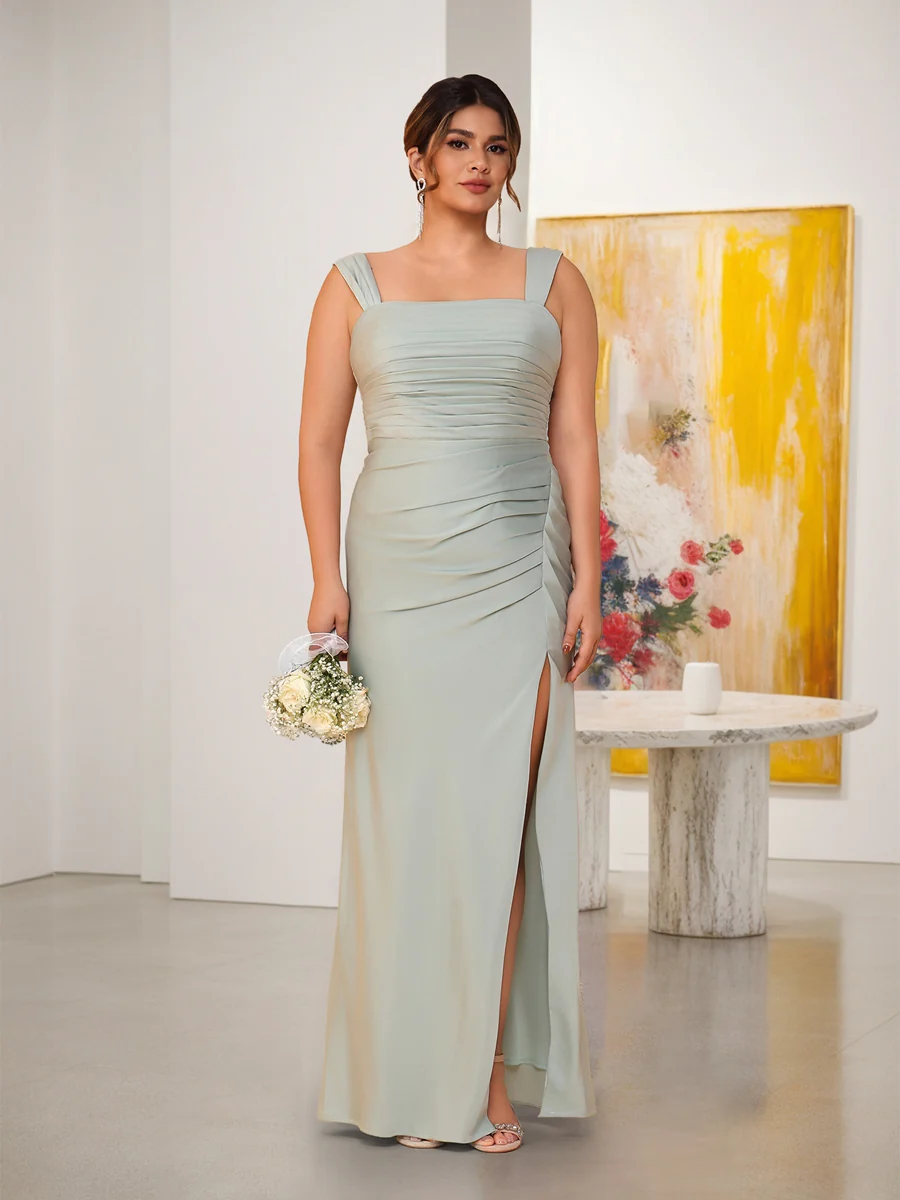 Sheath/Column Square Neck Sleeveless Floor-Length Ruched Plus Size Bridesmaid Dresses With Side Slit