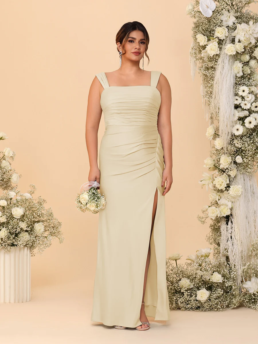 Sheath/Column Square Neck Sleeveless Floor-Length Ruched Plus Size Bridesmaid Dresses With Side Slit - Image 10