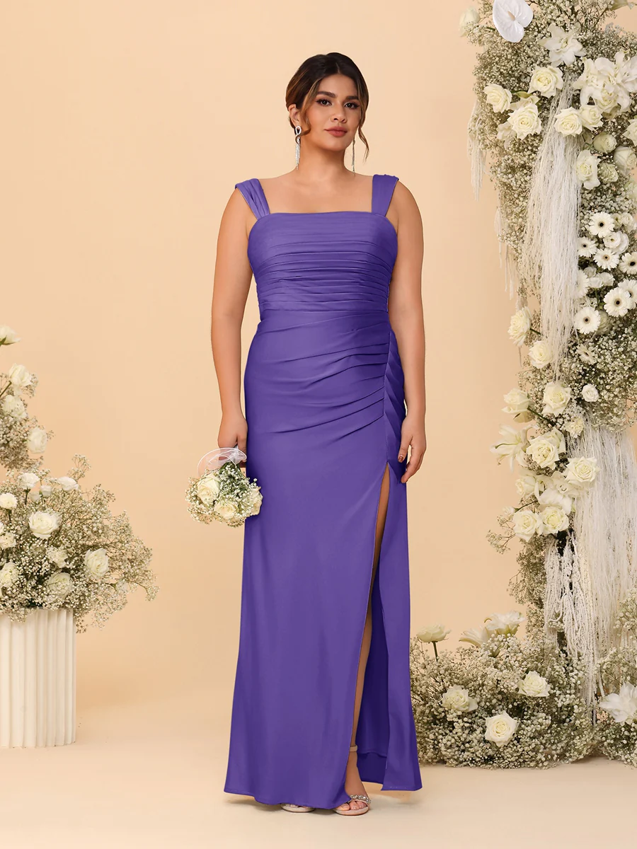 Sheath/Column Square Neck Sleeveless Floor-Length Ruched Plus Size Bridesmaid Dresses With Side Slit - Image 19