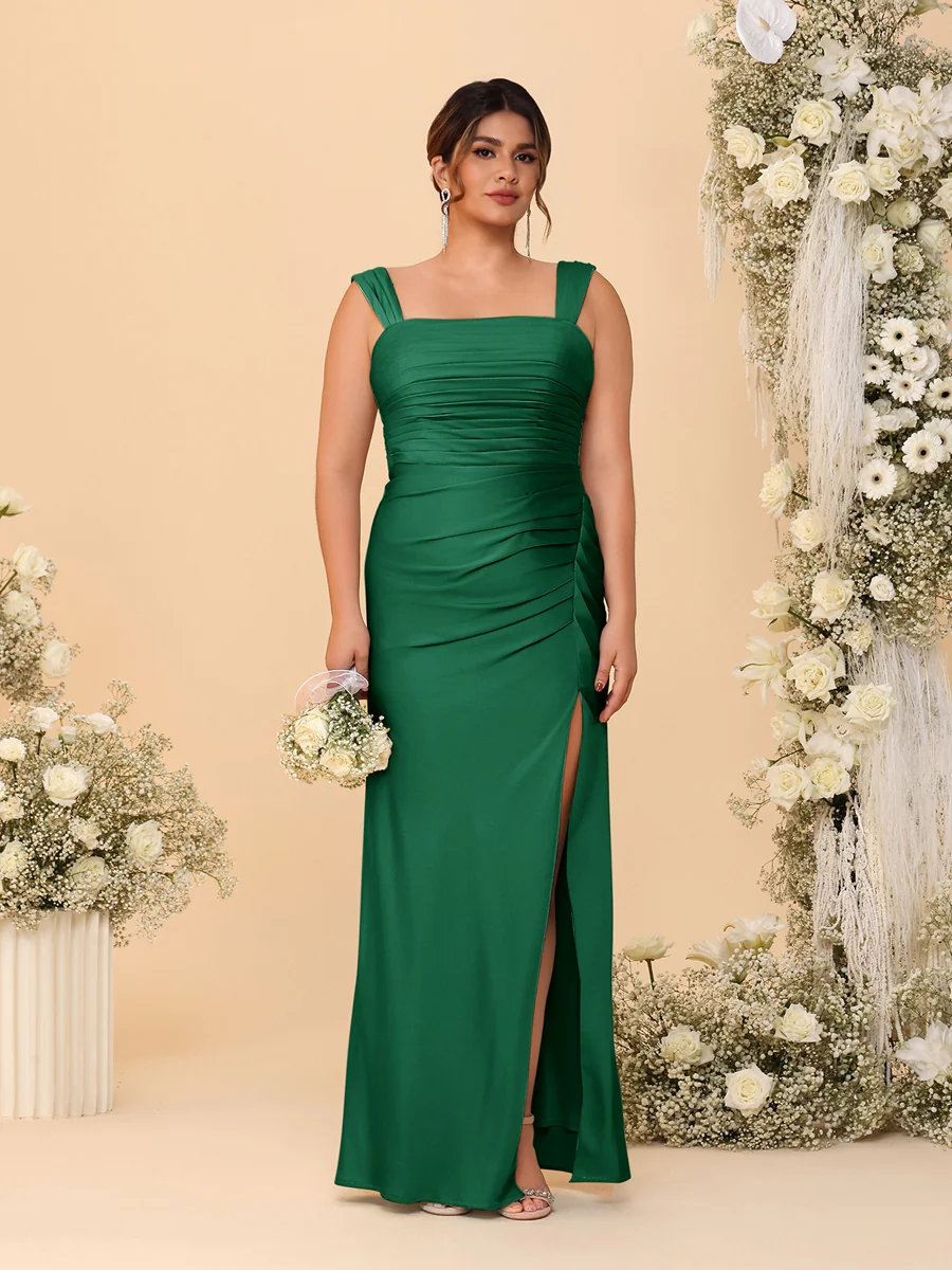 Sheath/Column Square Neck Sleeveless Floor-Length Ruched Plus Size Bridesmaid Dresses With Side Slit - Image 27