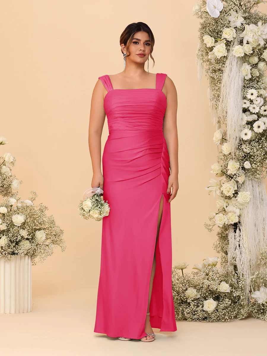 Sheath/Column Square Neck Sleeveless Floor-Length Ruched Plus Size Bridesmaid Dresses With Side Slit - Image 34