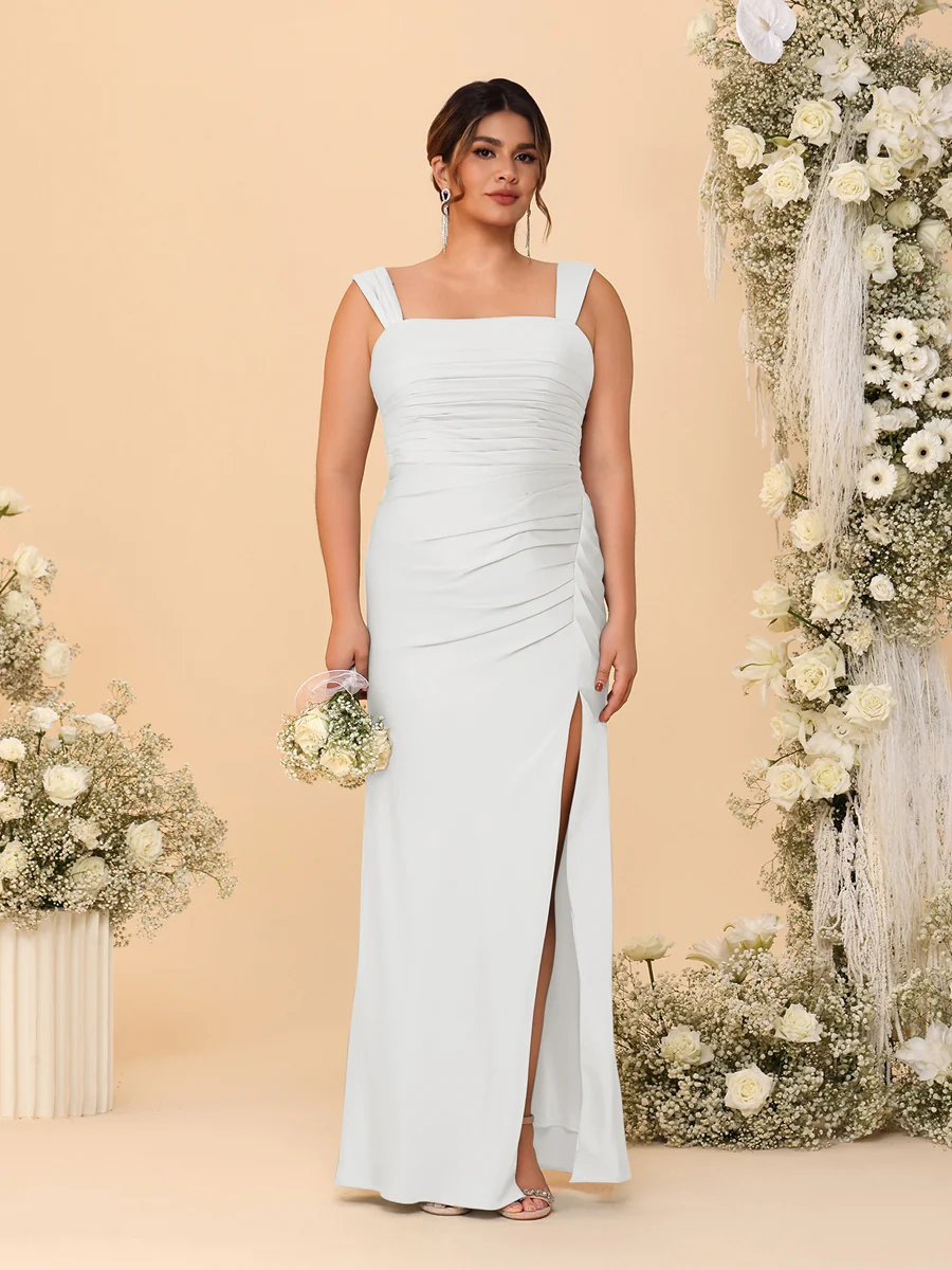 Sheath/Column Square Neck Sleeveless Floor-Length Ruched Plus Size Bridesmaid Dresses With Side Slit - Image 5