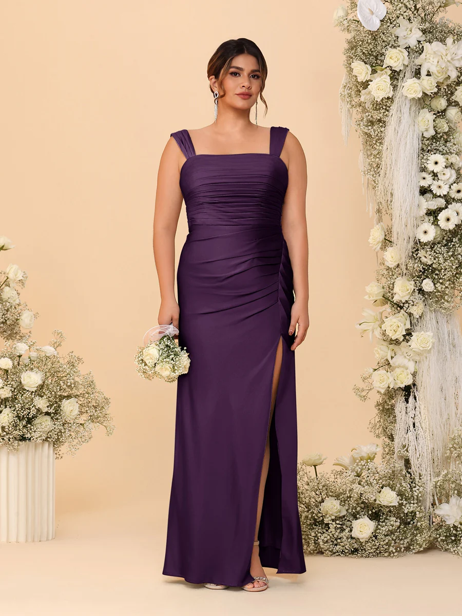 Sheath/Column Square Neck Sleeveless Floor-Length Ruched Plus Size Bridesmaid Dresses With Side Slit - Image 52