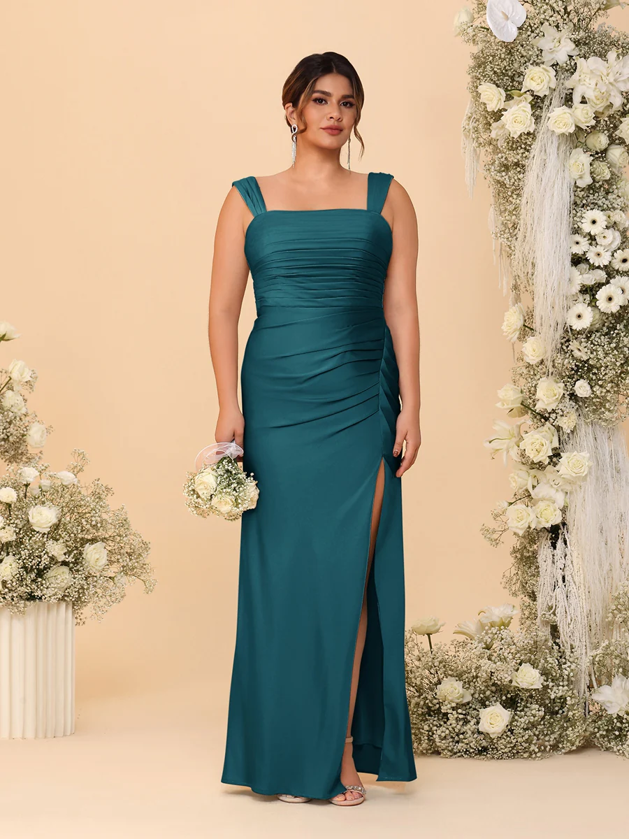 Sheath/Column Square Neck Sleeveless Floor-Length Ruched Plus Size Bridesmaid Dresses With Side Slit - Image 59