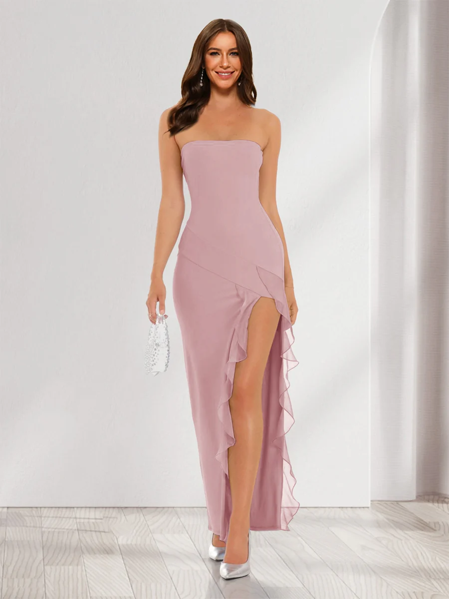 Sheath/Column Strapless Ruffle Slit Maxi Dresses Long Bridesmaid Dresses - Image 39