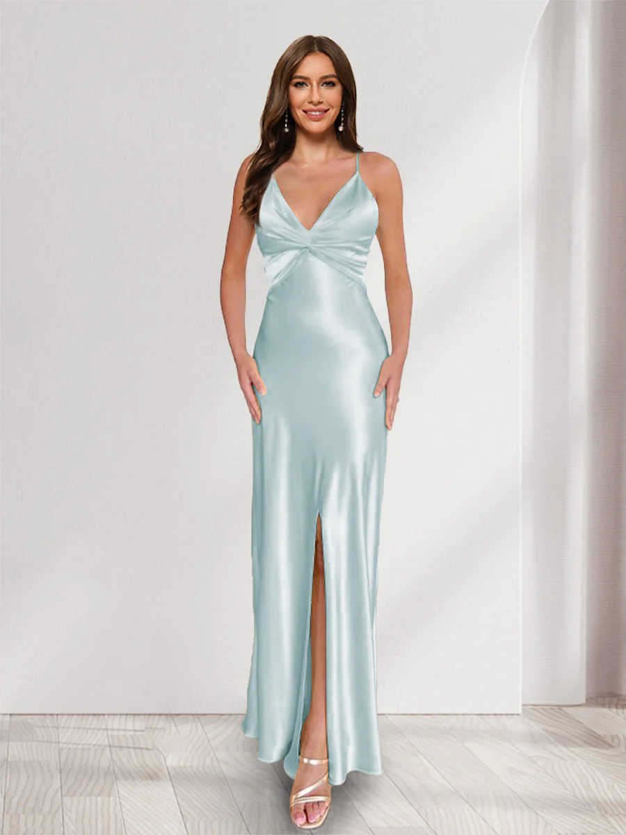 Sheath/Column Straps V-Neck Pleated Long Bridesmaid Dresses with Split Side - Image 15