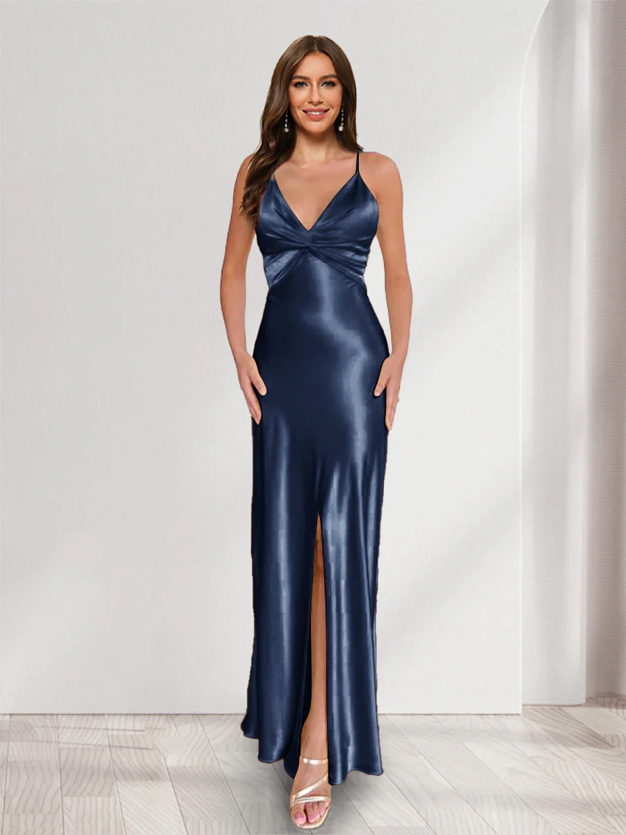 Sheath/Column Straps V-Neck Pleated Long Bridesmaid Dresses with Split Side - Image 25