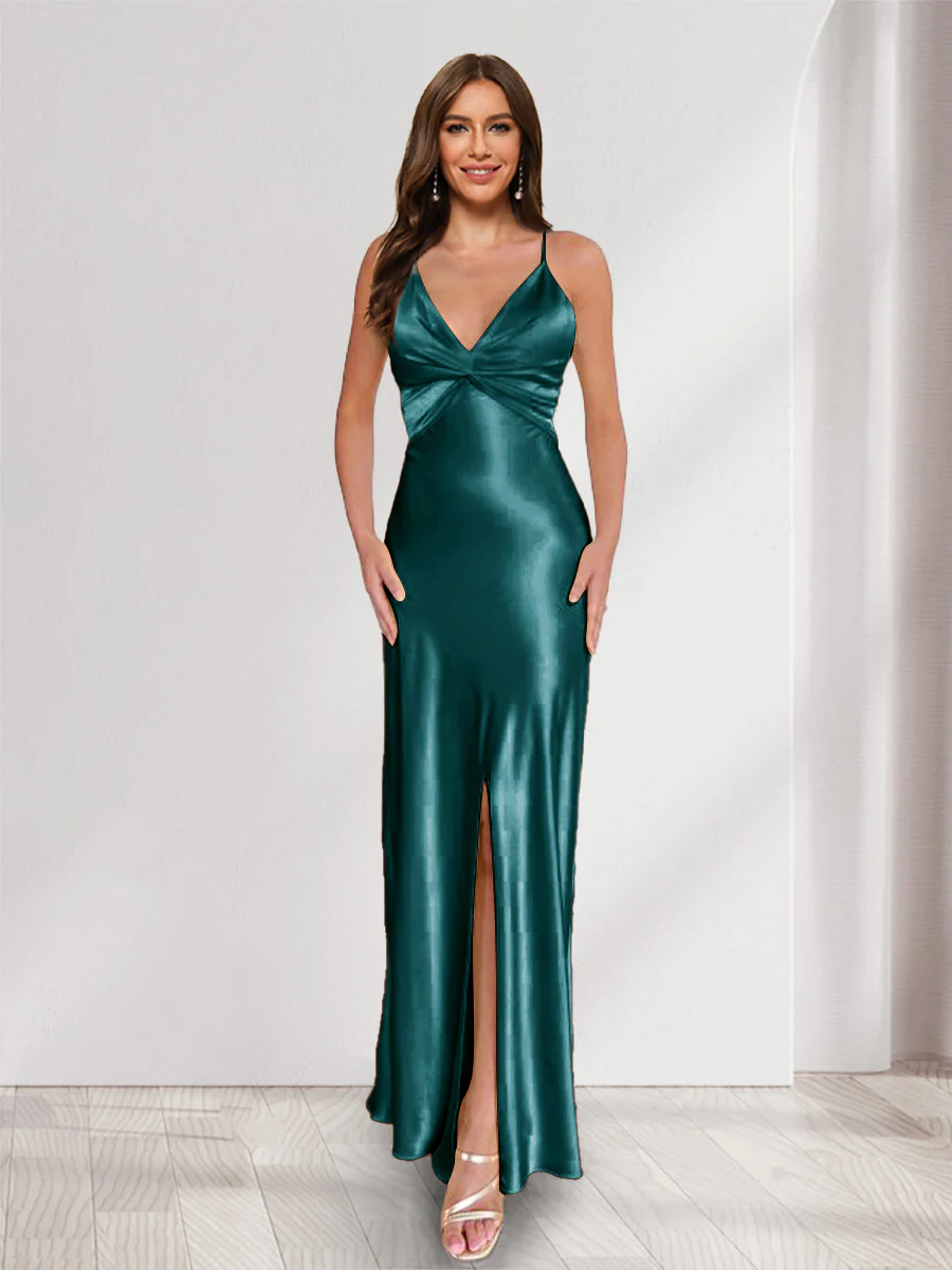 Sheath/Column Straps V-Neck Pleated Long Bridesmaid Dresses with Split Side - Image 31