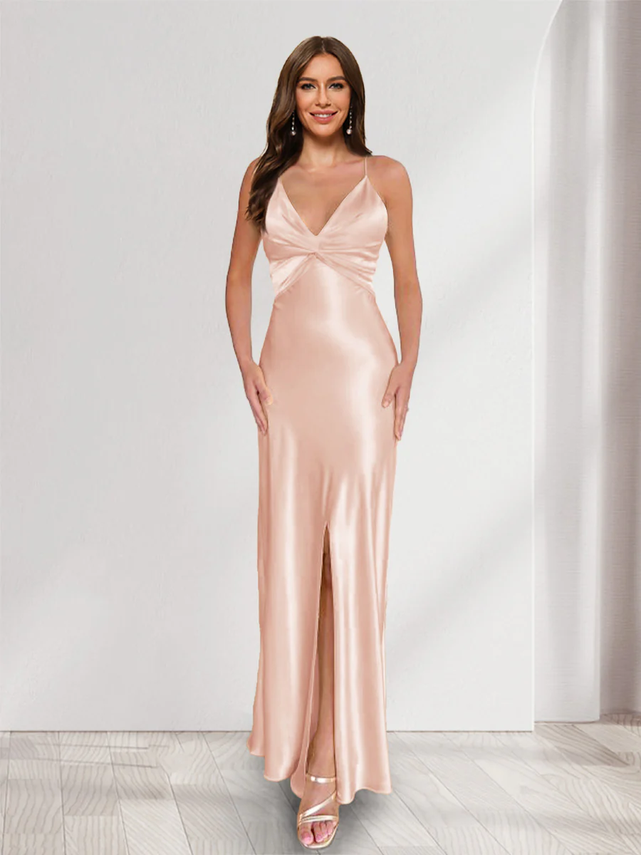 Sheath/Column Straps V-Neck Pleated Long Bridesmaid Dresses with Split Side - Image 32