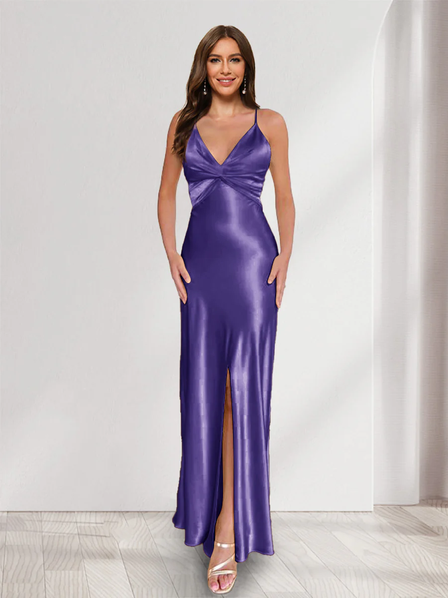 Sheath/Column Straps V-Neck Pleated Long Bridesmaid Dresses with Split Side - Image 35