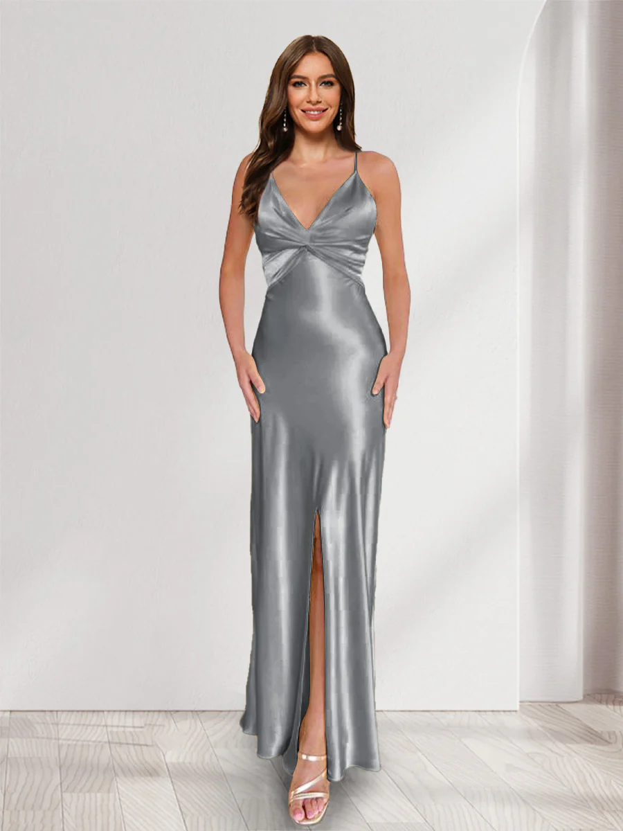 Sheath/Column Straps V-Neck Pleated Long Bridesmaid Dresses with Split Side - Image 40