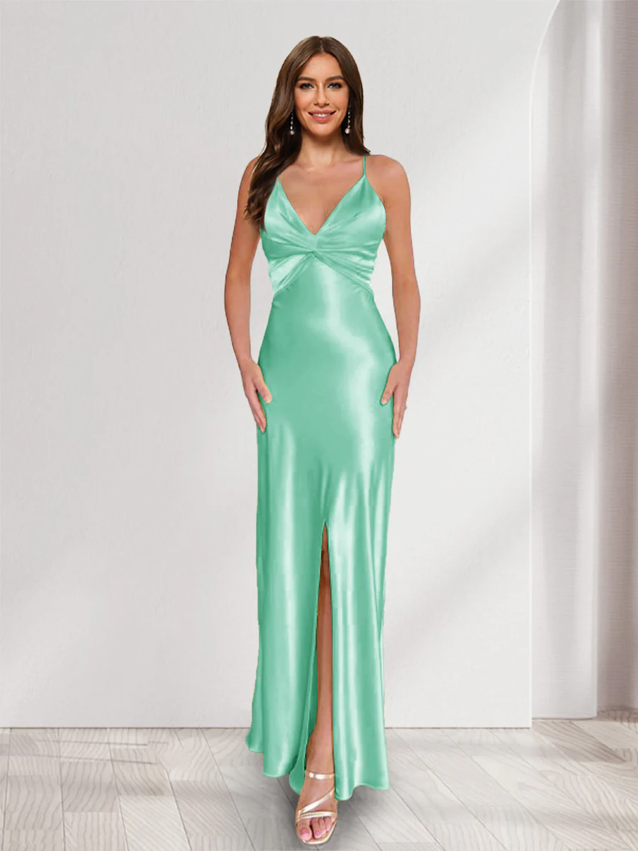 Sheath/Column Straps V-Neck Pleated Long Bridesmaid Dresses with Split Side - Image 42