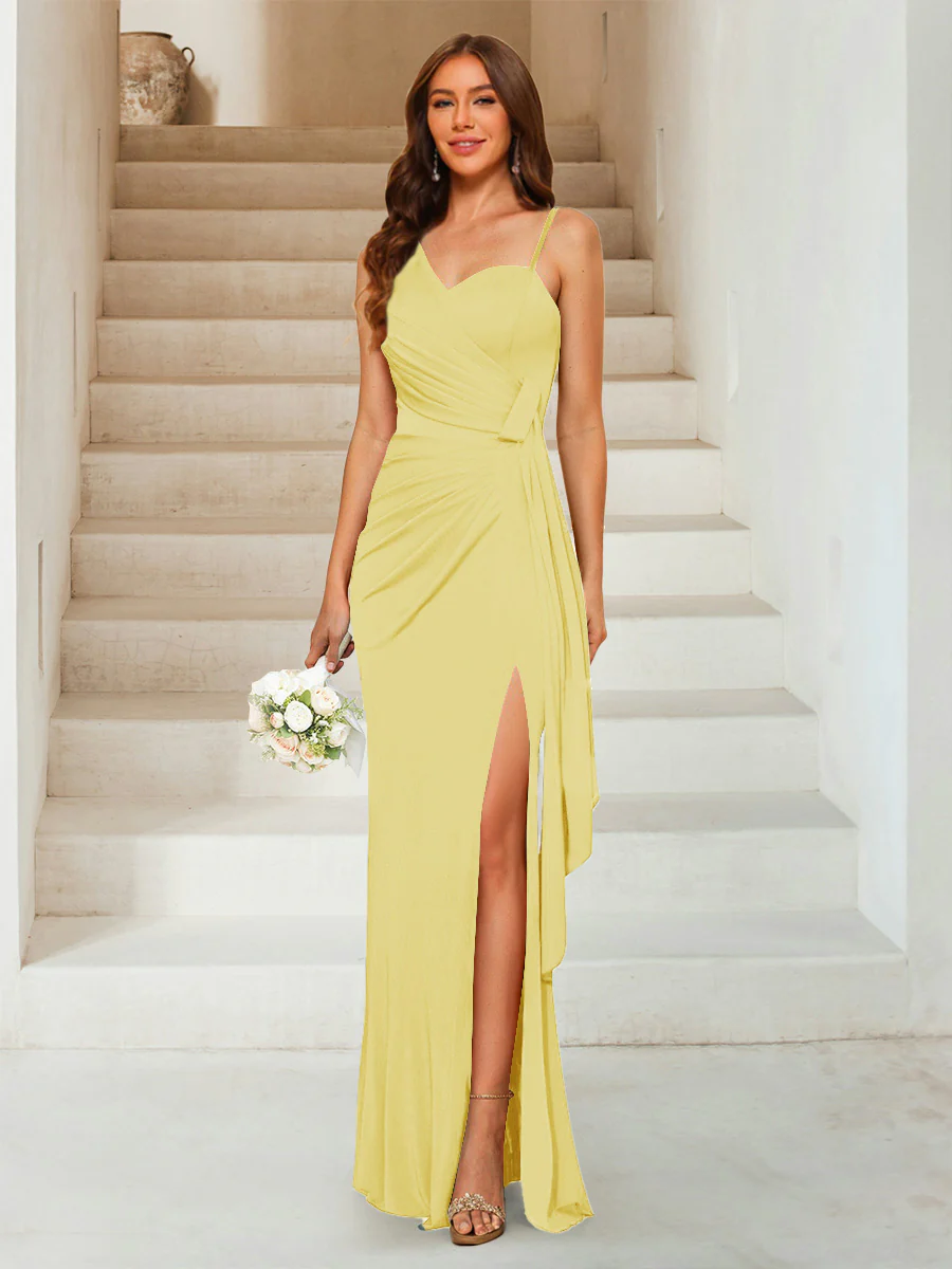 Sheath/Column Sweetheart Sleeveless Floor-Length Formal Dresses with Split Side & Ruched - Image 62