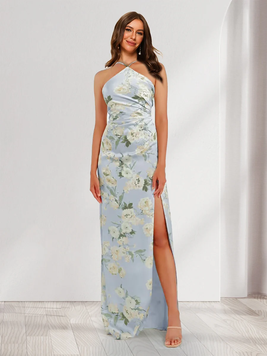 Sheath/Column Unique Halter Printed Floral Bridesmaid Dresses with Split Side - Image 4