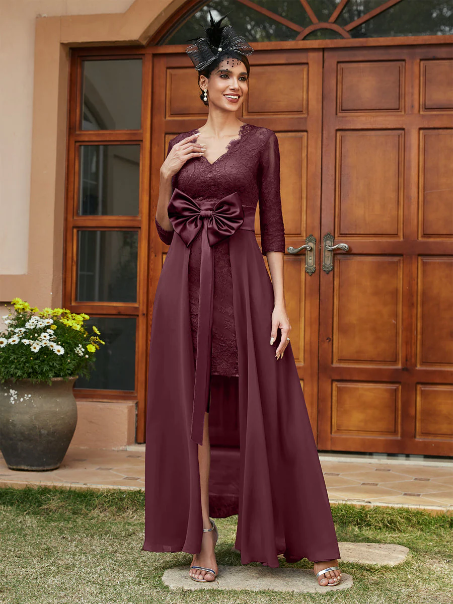Sheath/Column V-Neck 3/4 Sleeves Lace Evening Dresses with Watteau Train & Bowknot - Image 14