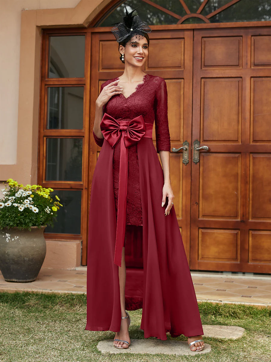 Sheath/Column V-Neck 3/4 Sleeves Lace Evening Dresses with Watteau Train & Bowknot - Image 39