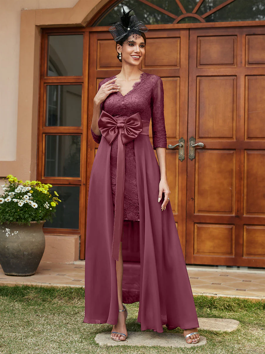 Sheath/Column V-Neck 3/4 Sleeves Lace Evening Dresses with Watteau Train & Bowknot - Image 44